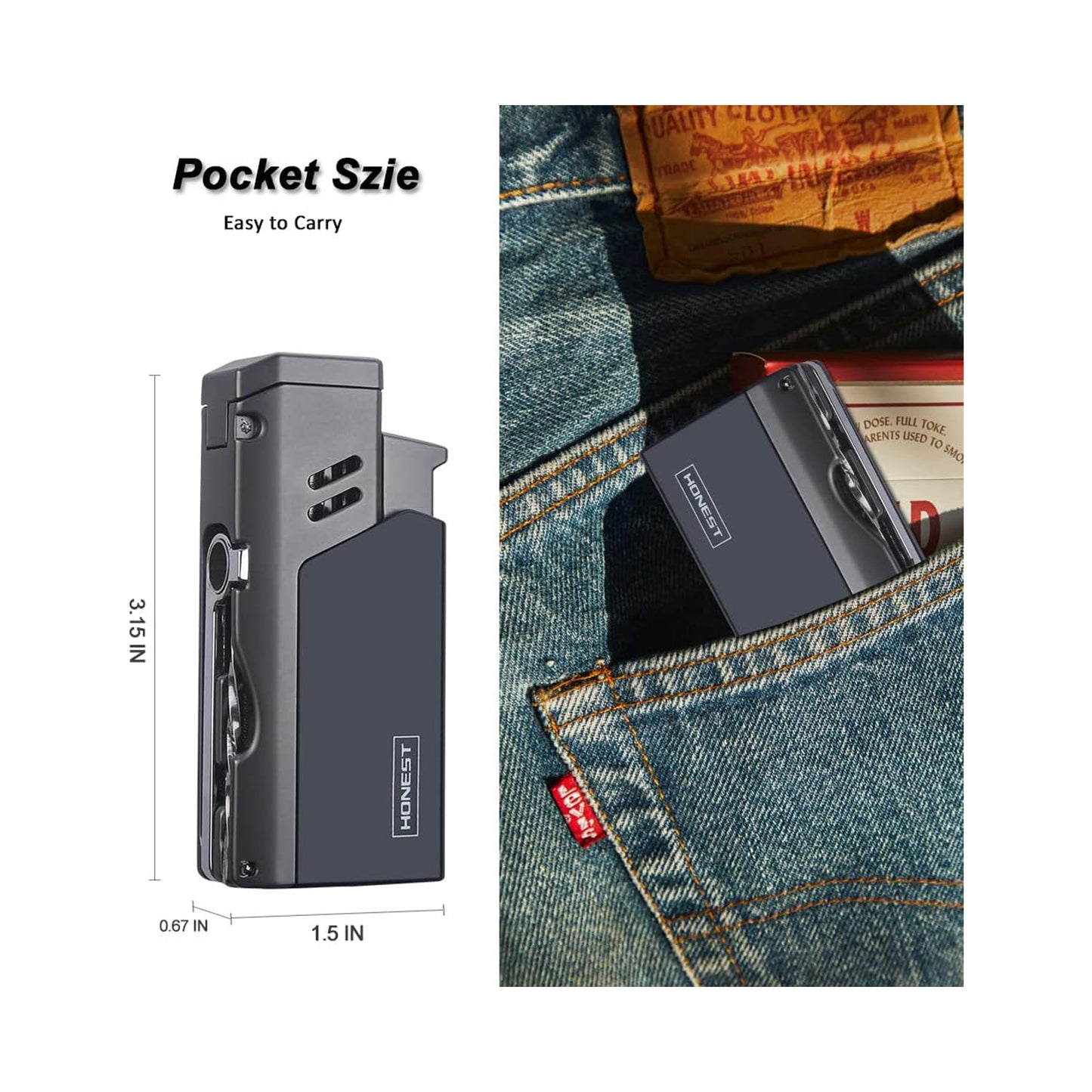 Honest Jet Torch Cigar Lighter - Adjustable Flame, Refillable with Butane - Outdoor