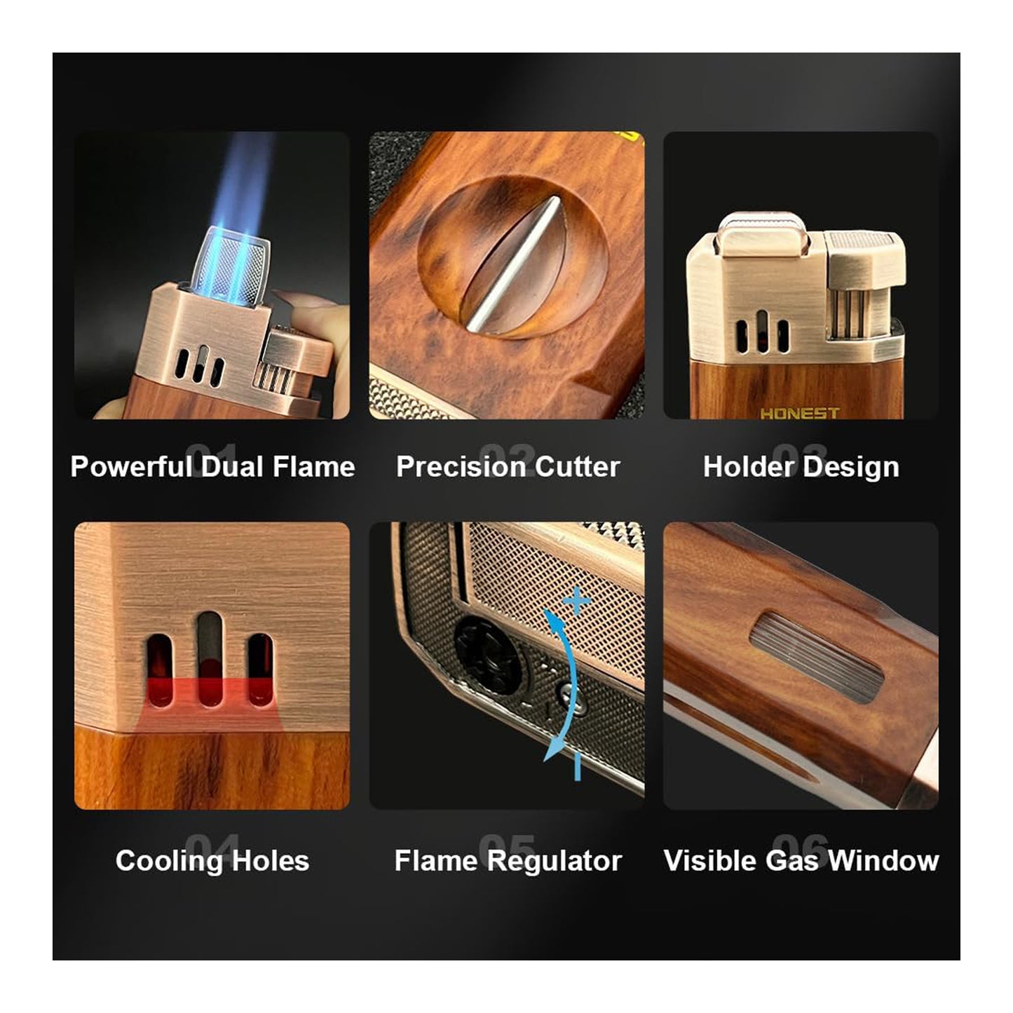 Honest All-in-One Windproof Outdoor Lighter with Dual Jet Flame Built-in Cutter, Butane Refillable and Flames Adjustable, Visible Gas Tank, Portable for Travel, Candle Lovers, Box Included