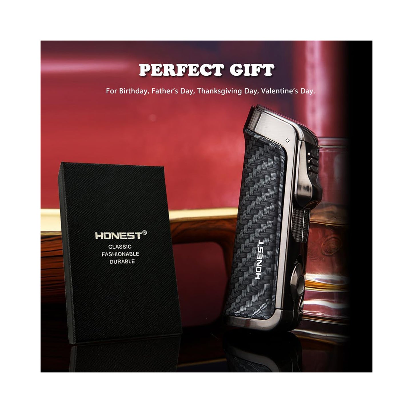 HONEST Triple Jet Torch Lighter – Refillable with Built-in Punch, Adjustable Flame Intensity, and Visible Gas Window – Great for BBQ, Kitchen, Fireplace, and Candles – Perfect Gift for Men