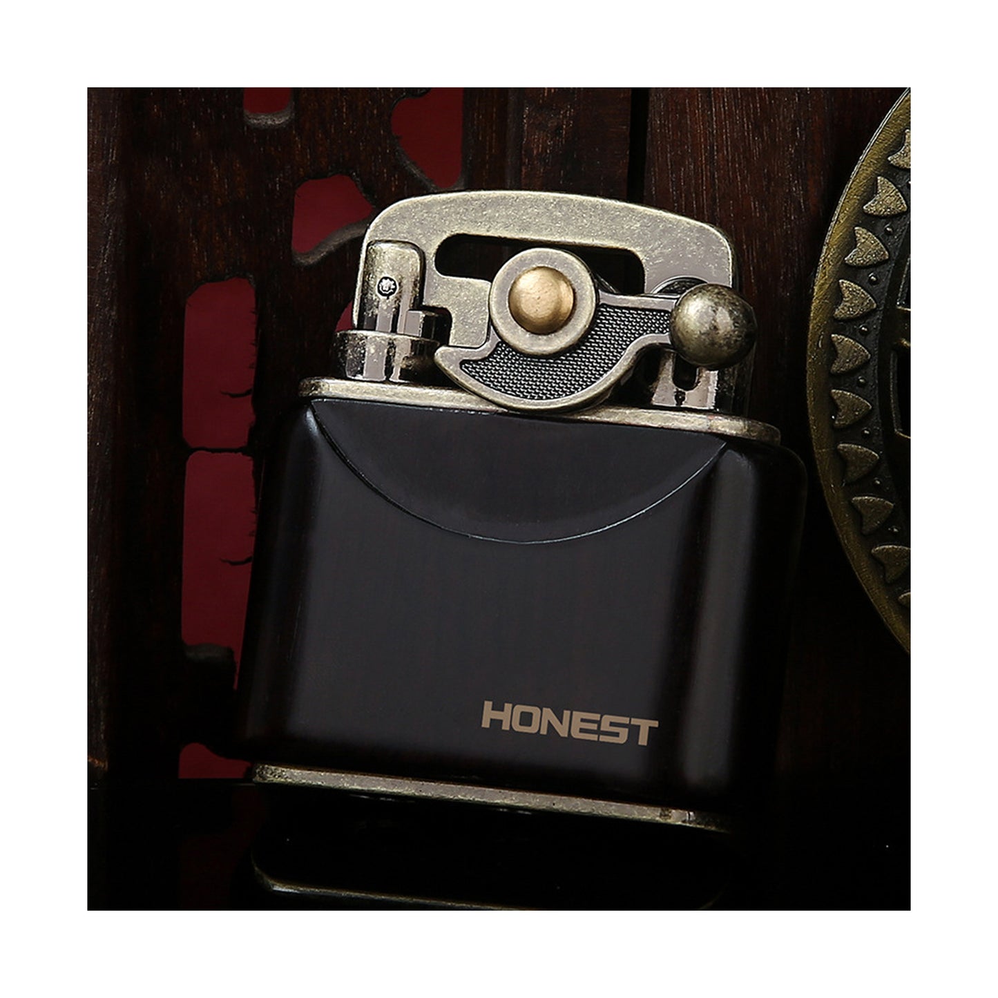 Honest Vintage Trench Lighter, Windproof Reusable, Antique Kerosene Lighter with Flame Rocker, Vintage Brass Windproof Kerosene Lighter 592 Wooden case