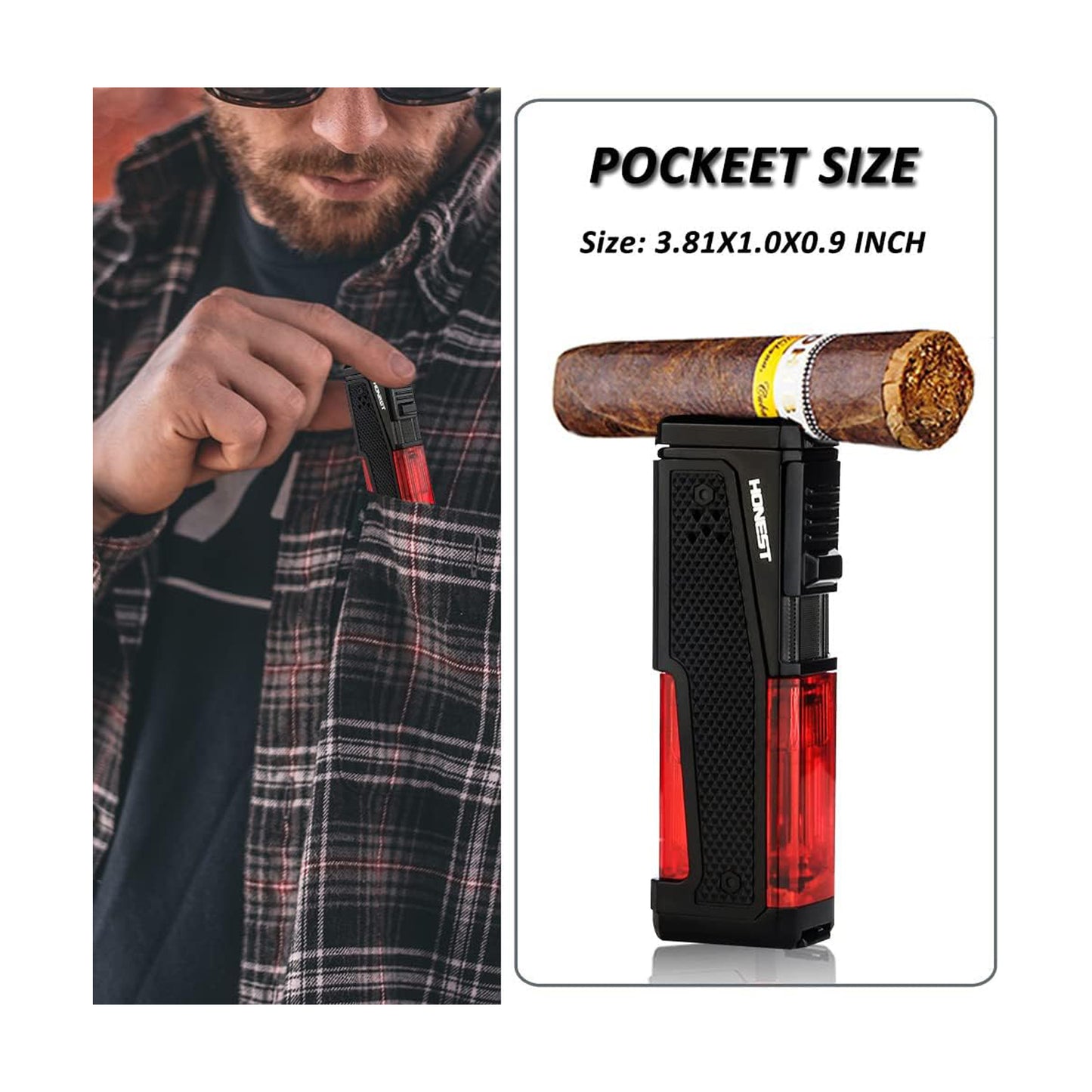 Honest Lighter 4 Torch Jet Flame, Lighter with Punch Holder, Refillable Torch Lighter, Windproof Butane Lighters BBQ Camp Gifts