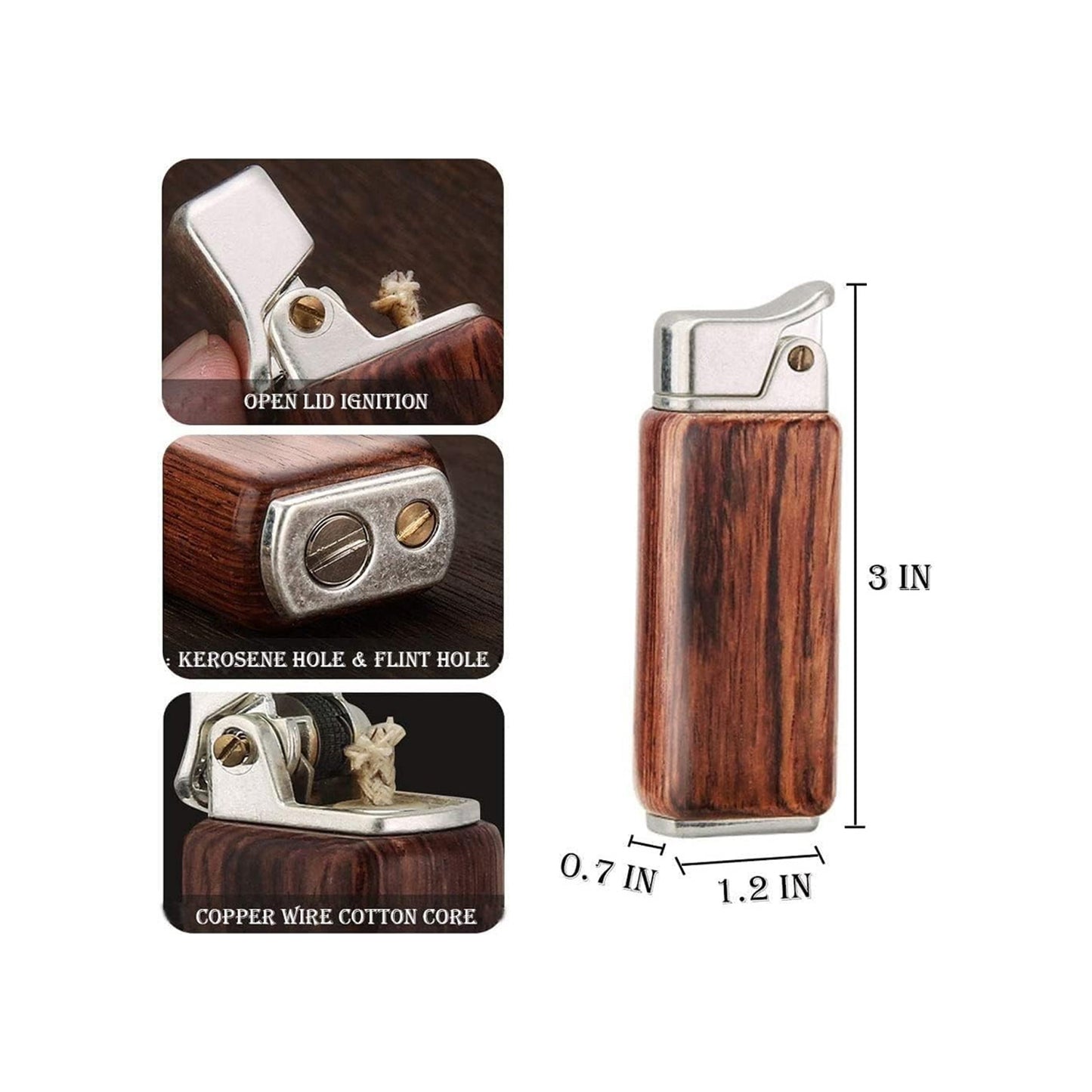 Honest Wood Vintage Antique Kerosene Lighter, Reusable Soft Flame Lighter Duct Cigarette Lighter with Wooden Box, Cool Flip Lighter for Men, Dads, Husbands Gift