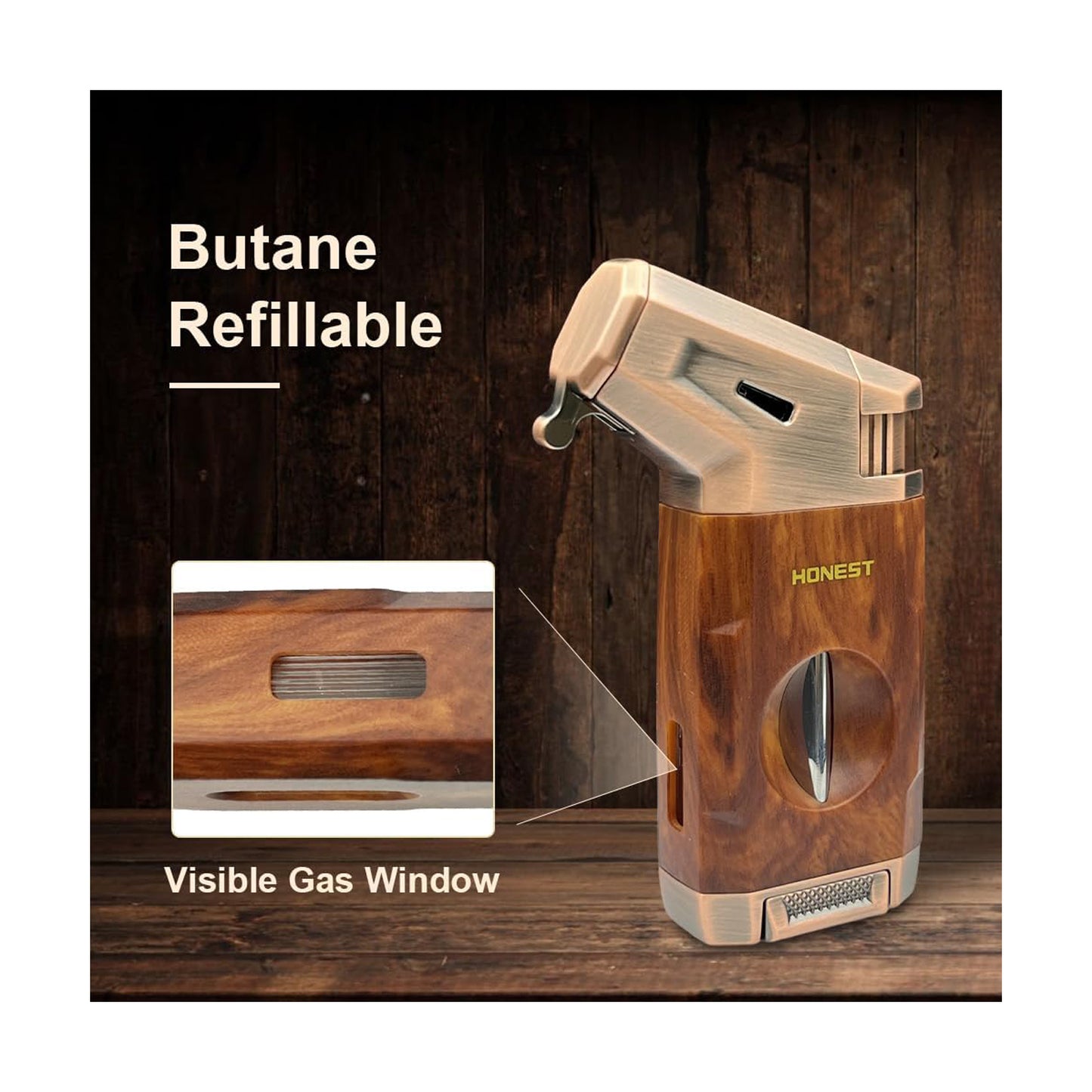 Honest Torch Lighter with V Cutter,Refillable Windproof Adjustable Jet Flame with Fuel Window Butane Torch Lighter,Gifts for Men (Butane not Include)
