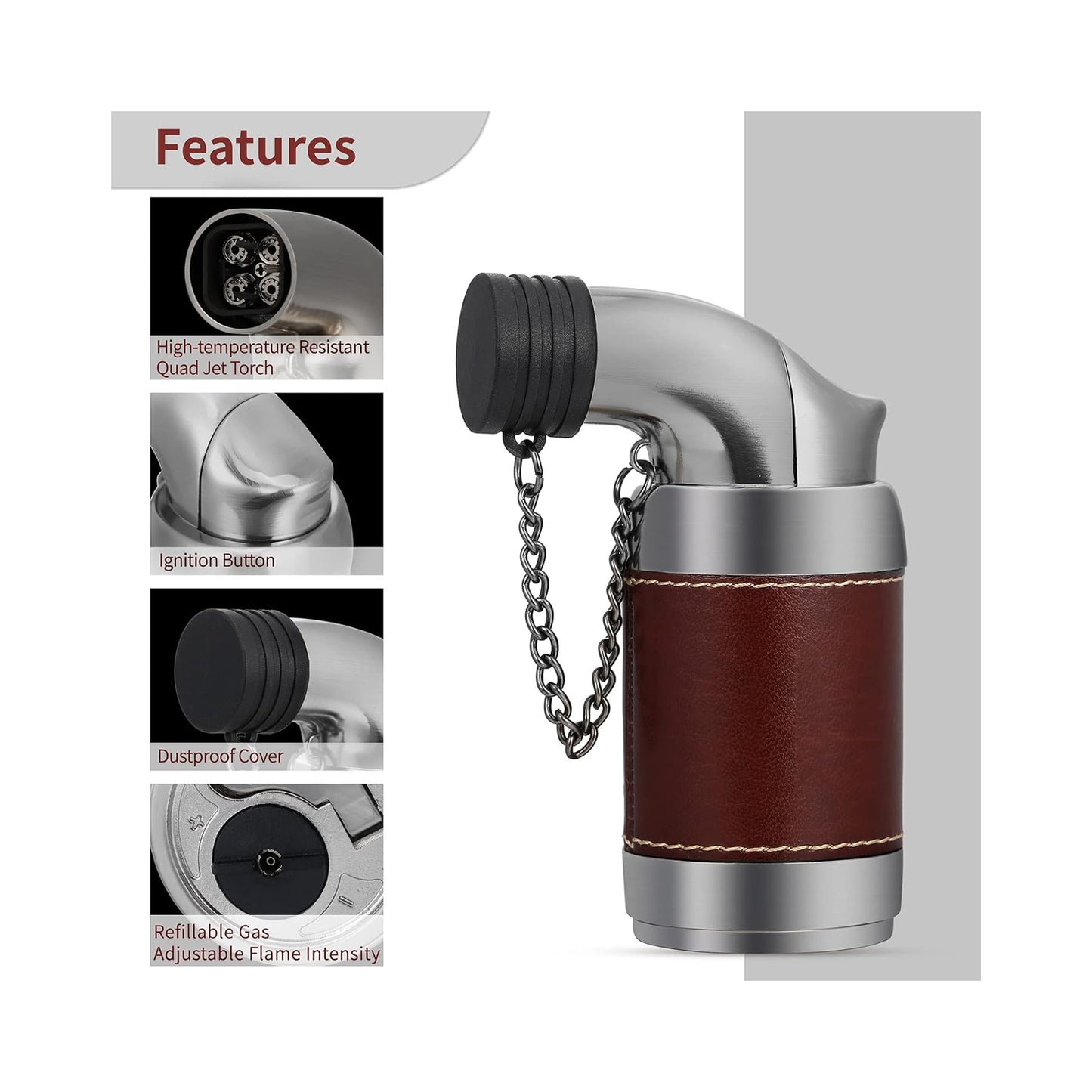 Honest Quad Torch Lighter Leather Tabletop Refillable Butane Gas Red Flame Cigar Tobacco Lighter