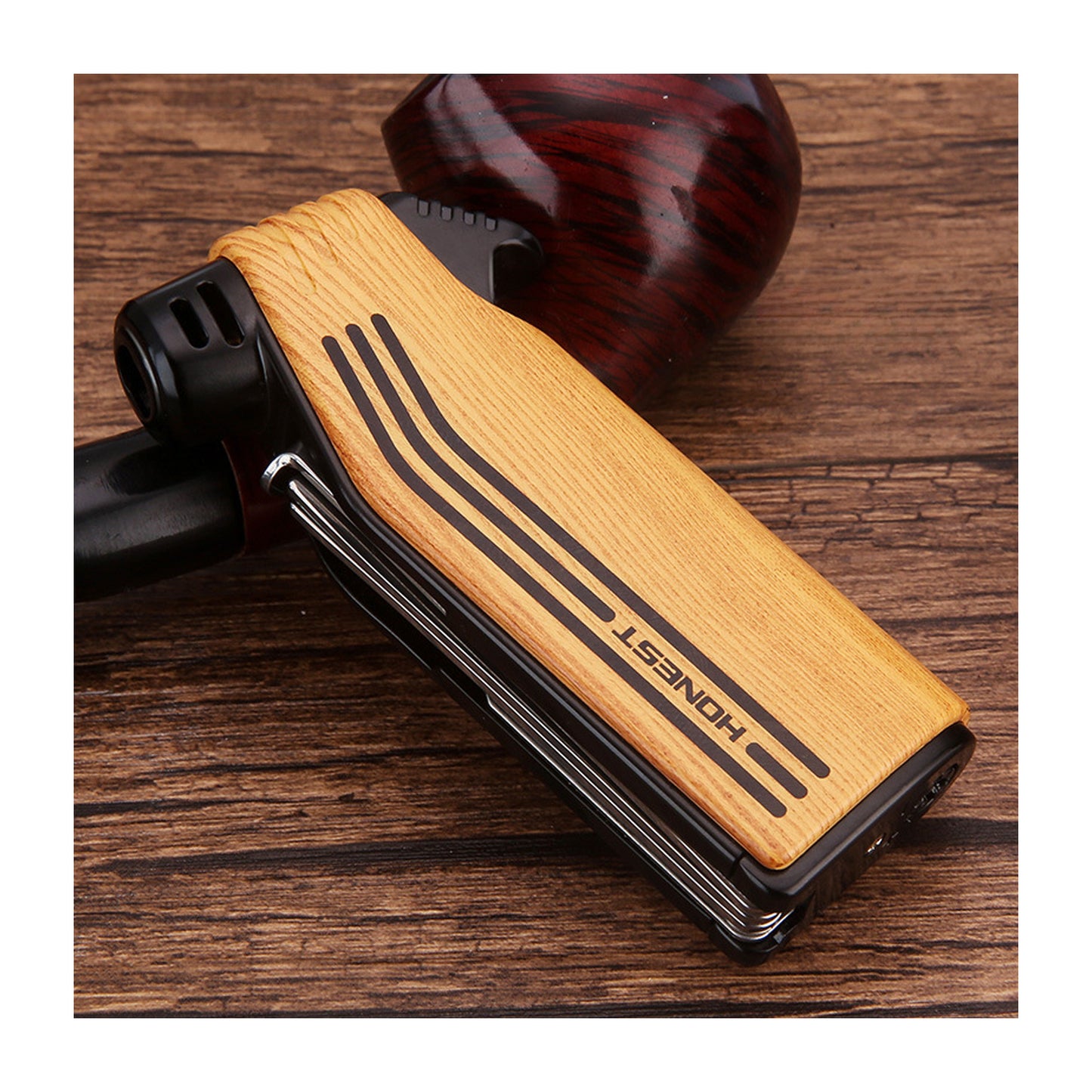 Honest Retro Angled Flame Refillable Butane Lighter with Integrated Cutter Tamper Scraper Tool