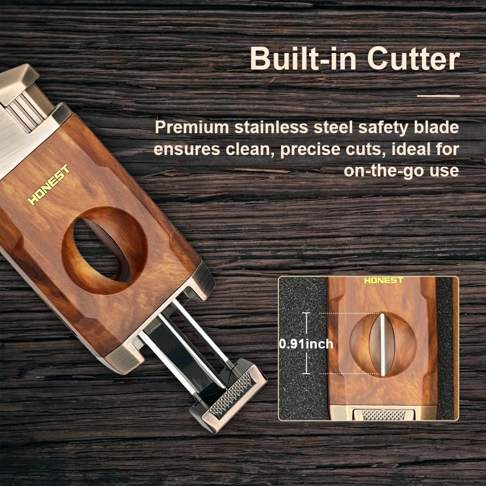 Honest Torch Lighter with V Cutter,Refillable Windproof Adjustable Jet Flame with Fuel Window Butane Torch Lighter,Gifts for Men (Butane not Include)