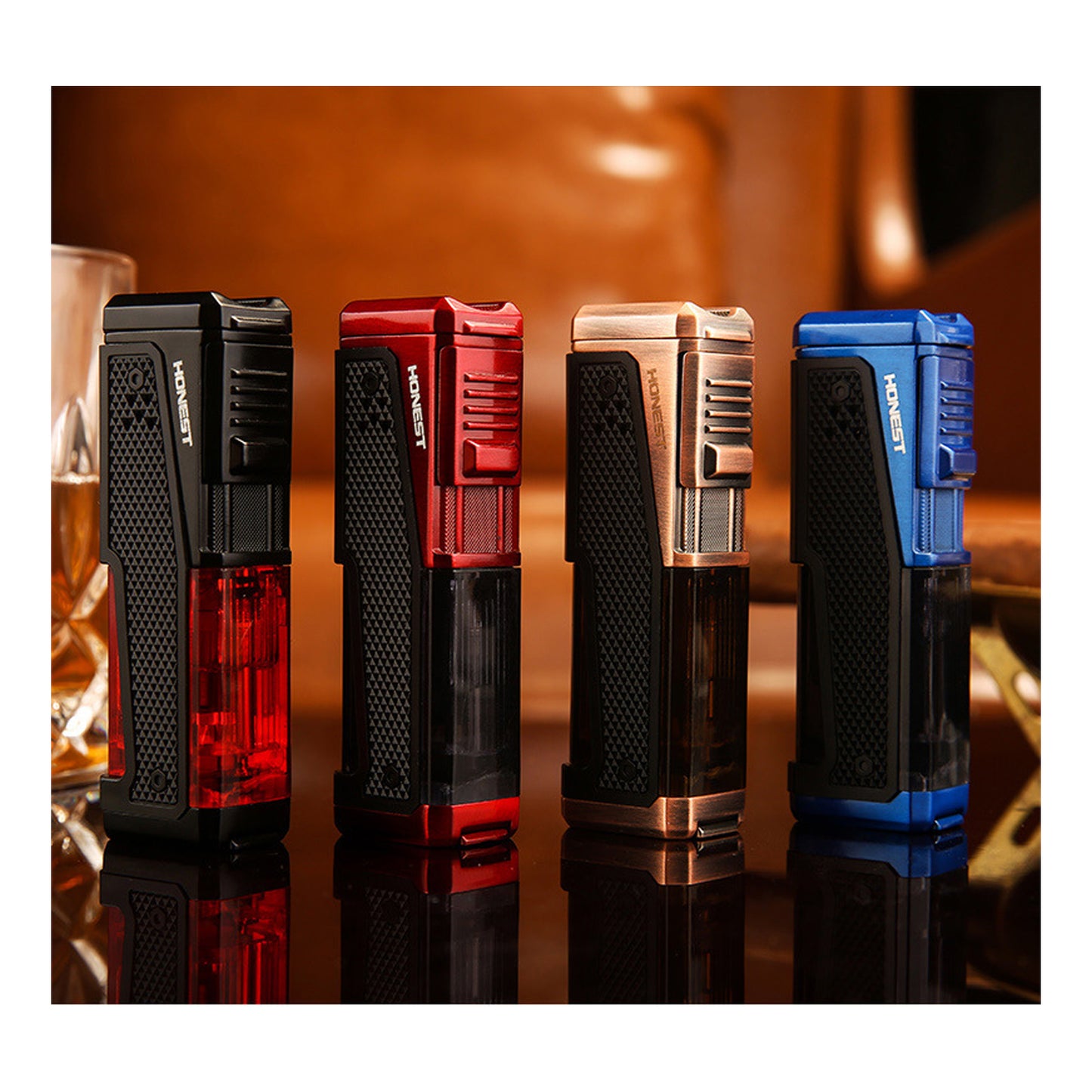 Honest Lighter 4 Torch Jet Flame, Lighter with Punch Holder, Refillable Torch Lighter, Windproof Butane Lighters BBQ Camp Gifts
