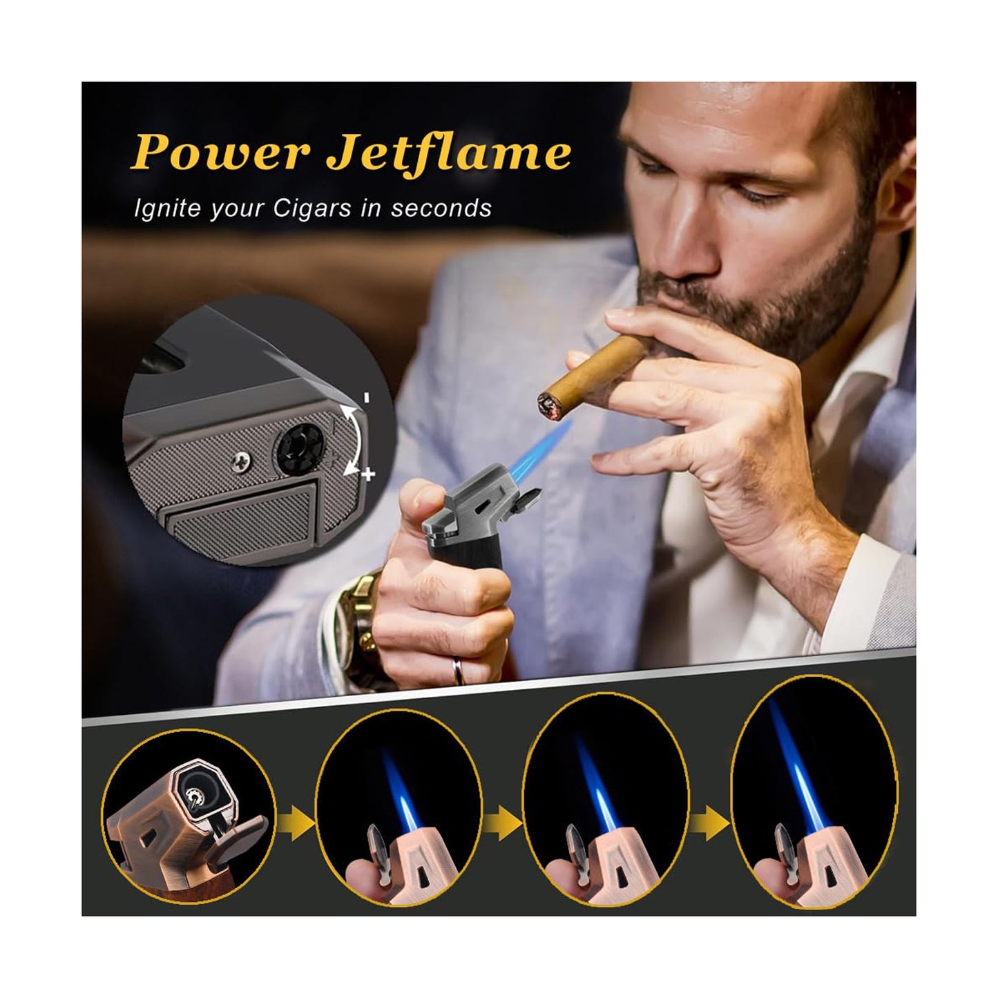 HONEST Refillable Torch Cigar Lighter – Windproof Jet Flame with Built-in V Cigar Cutter, Perfect Gift Box for Christmas, All-in-One Lighter for Smoking and Cigars