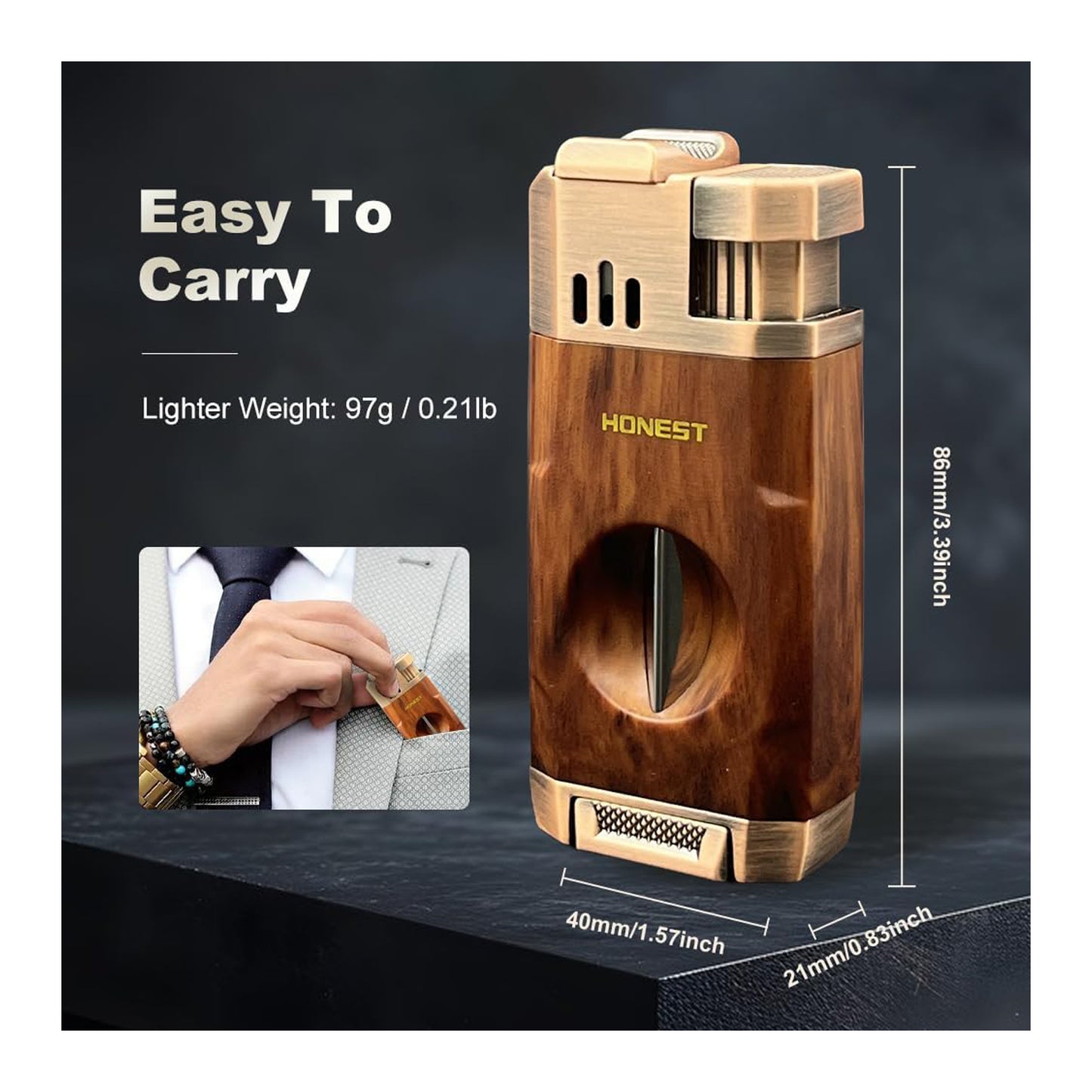 Honest All-in-One Windproof Outdoor Lighter with Dual Jet Flame Built-in Cutter, Butane Refillable and Flames Adjustable, Visible Gas Tank, Portable for Travel, Candle Lovers, Box Included