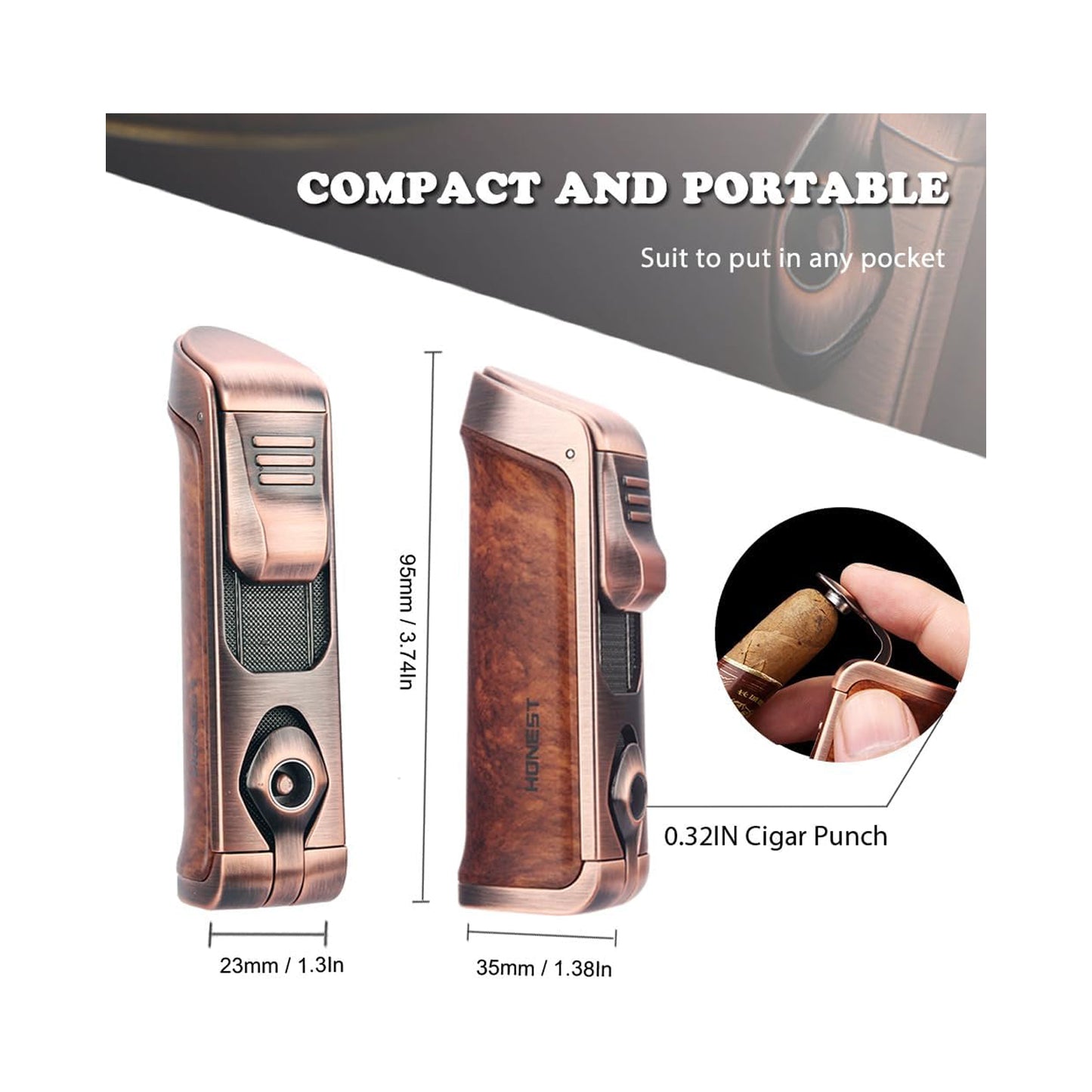 HONEST Triple Jet Torch Lighter – Refillable with Built-in Punch, Adjustable Flame Intensity, and Visible Gas Window – Great for BBQ, Kitchen, Fireplace, and Candles – Perfect Gift for Men