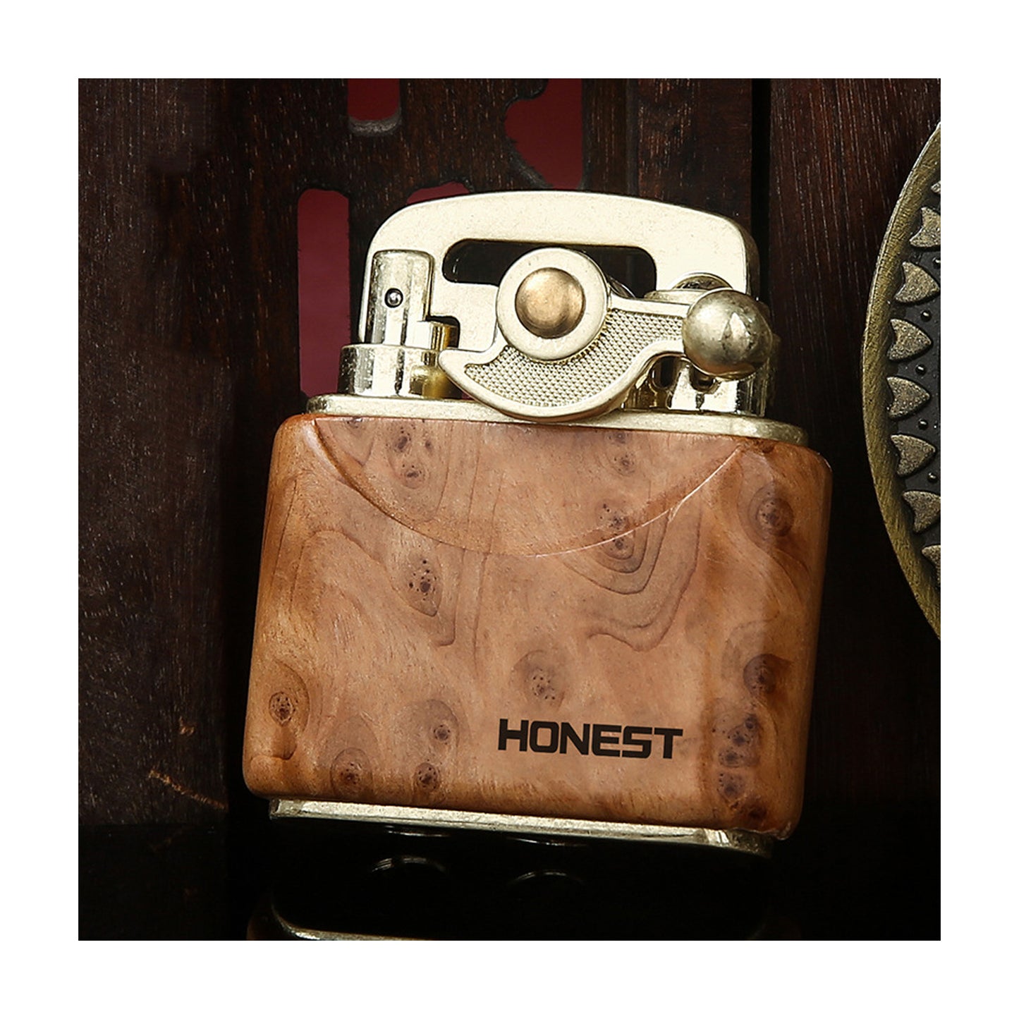 Honest Vintage Trench Lighter, Windproof Reusable, Antique Kerosene Lighter with Flame Rocker, Vintage Brass Windproof Kerosene Lighter 592 Wooden case