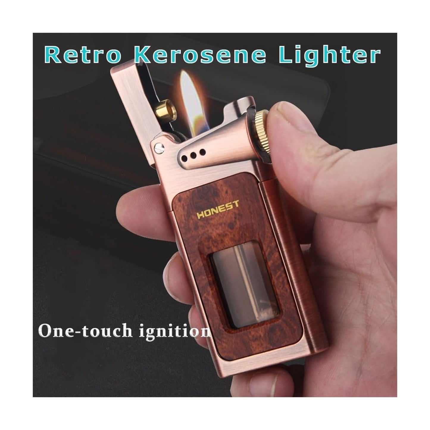Honest Metal Vintage Windproof Kerosene Lighter, Classic Soft Flame, Portable Transparent Window Reusable Lighter, Gift for Men (Kerosene Not Included)