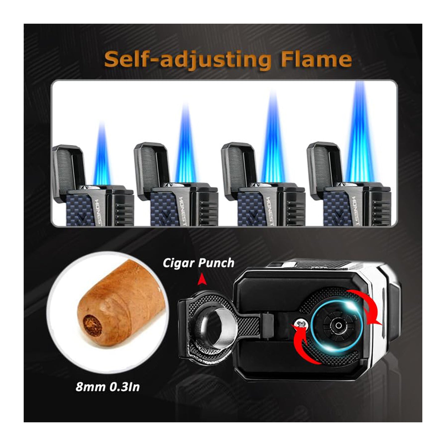 HONEST Four Jet Flame Windproof Butane Torch Lighter – Refillable and Adjustable, Perfect Gift Set for Men, Fathers Day, Friends, and Dads