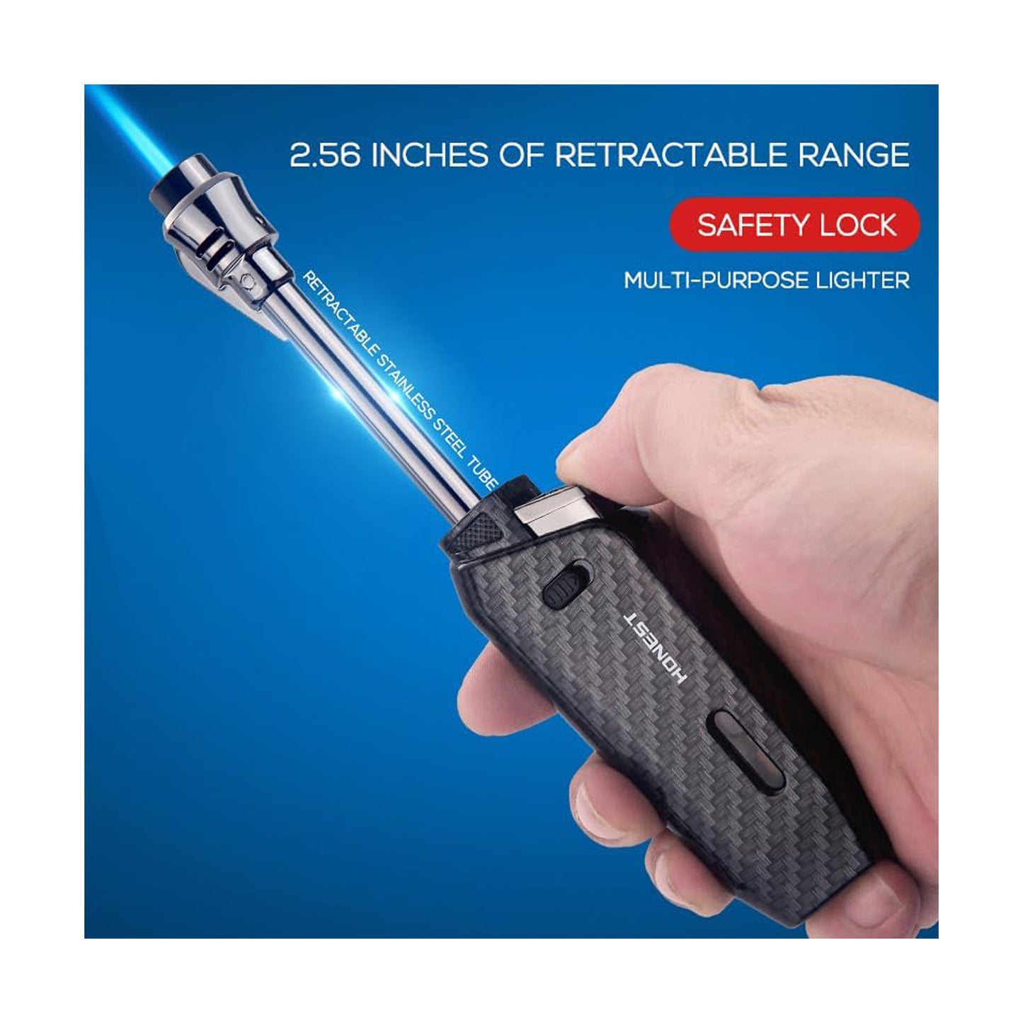 Honest Torch Lighter Telescopic Long Wand Jet Lighter Windproof Butane Gas Refillable Lighters with Safety Lock Fuel Window for Candle Kitchen Outdoor Grill BBQ (Butane Not Included)