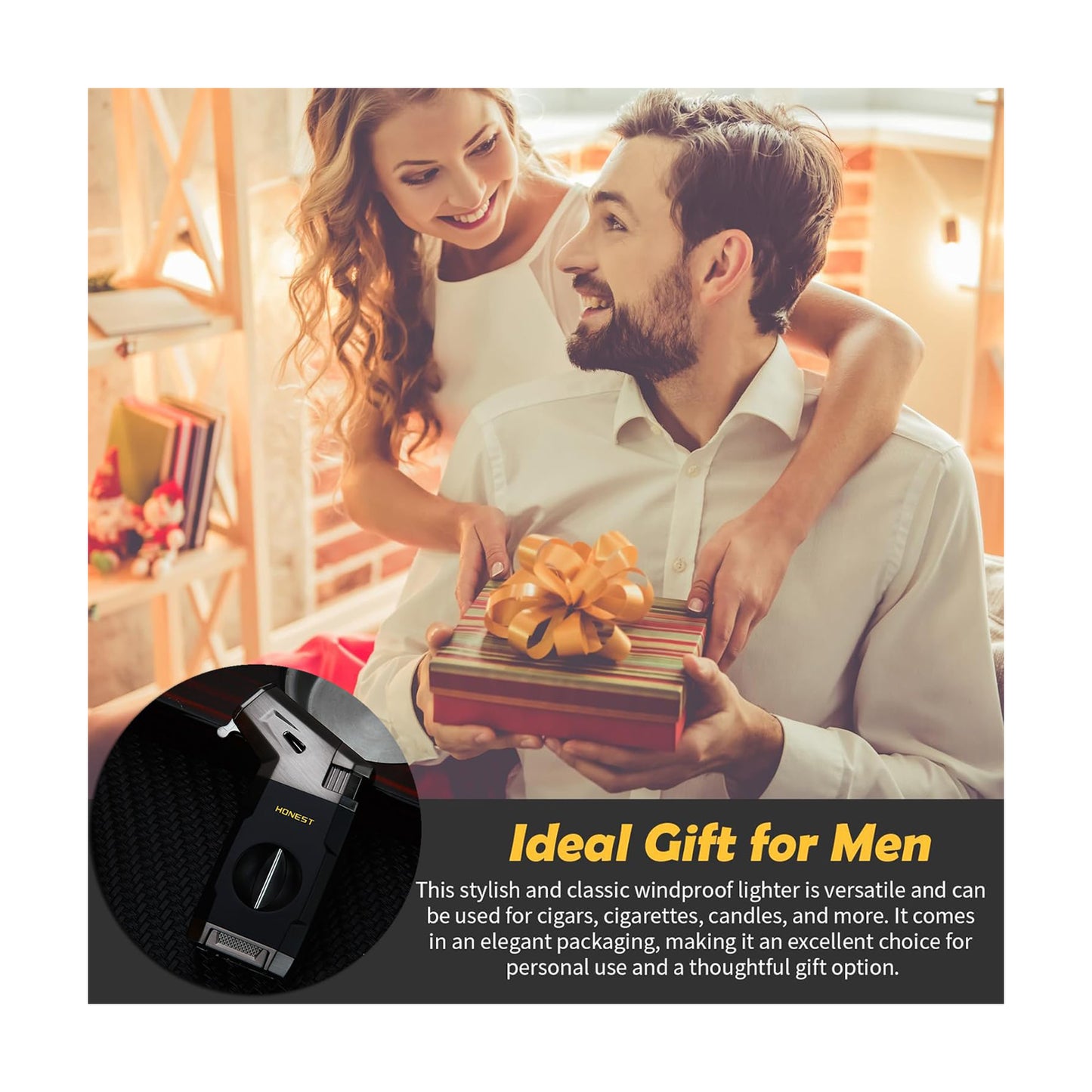 HONEST Refillable Torch Cigar Lighter – Windproof Jet Flame with Built-in V Cigar Cutter, Perfect Gift Box for Christmas, All-in-One Lighter for Smoking and Cigars