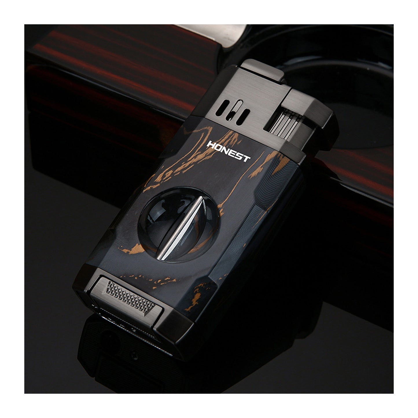 Honest All-in-One Windproof Outdoor Lighter with Dual Jet Flame Built-in Cutter, Butane Refillable and Flames Adjustable, Visible Gas Tank, Portable for Travel, Candle Lovers, Box Included