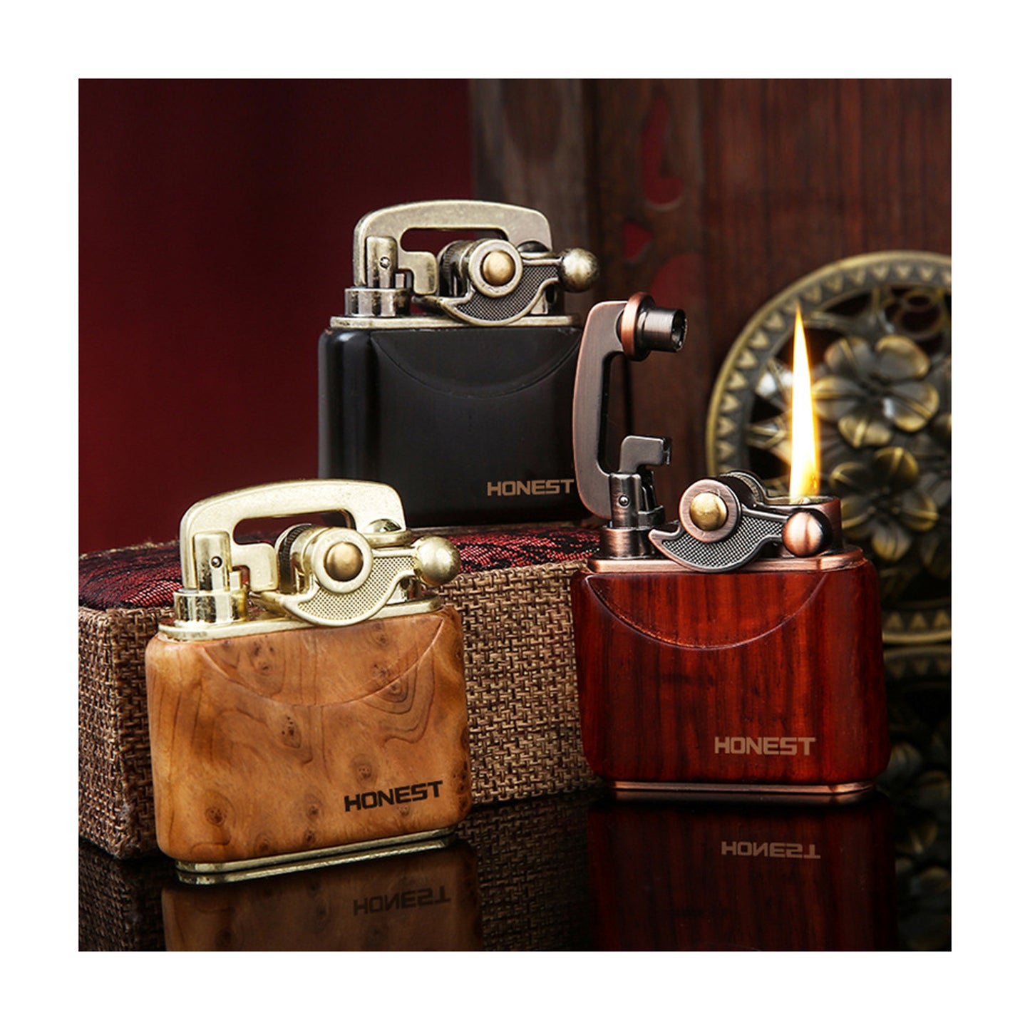 Honest Vintage Trench Lighter, Windproof Reusable, Antique Kerosene Lighter with Flame Rocker, Vintage Brass Windproof Kerosene Lighter 592 Wooden case