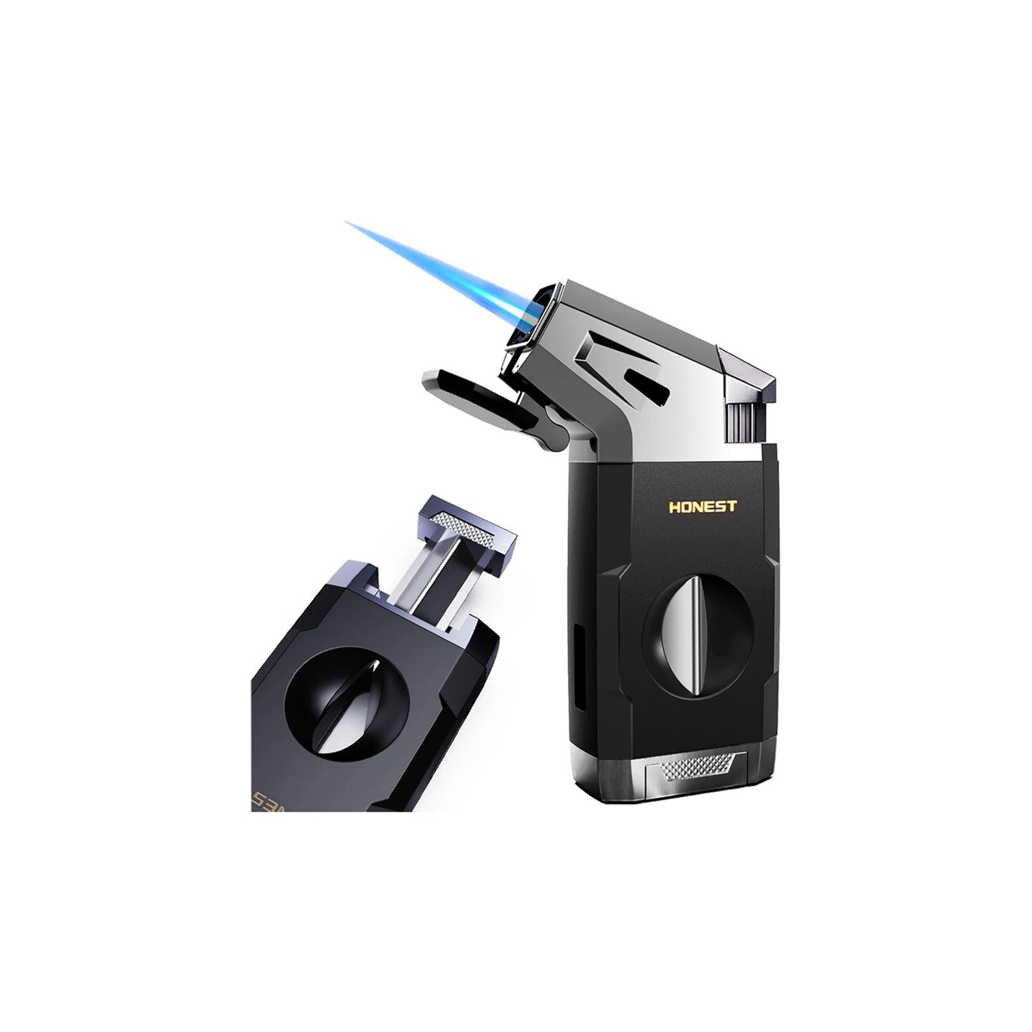 Honest Torch Lighter with V Cutter,Refillable Windproof Adjustable Jet Flame with Fuel Window Butane Torch Lighter,Gifts for Men (Butane not Include)