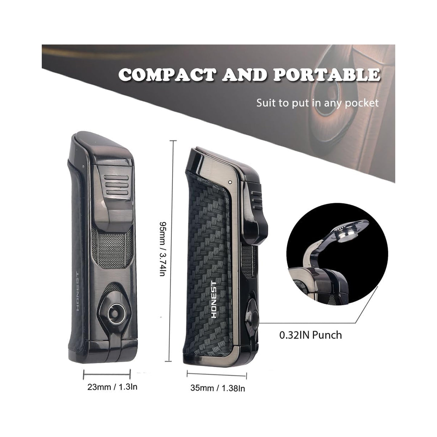 HONEST Triple Jet Torch Lighter – Refillable with Built-in Punch, Adjustable Flame Intensity, and Visible Gas Window – Great for BBQ, Kitchen, Fireplace, and Candles – Perfect Gift for Men