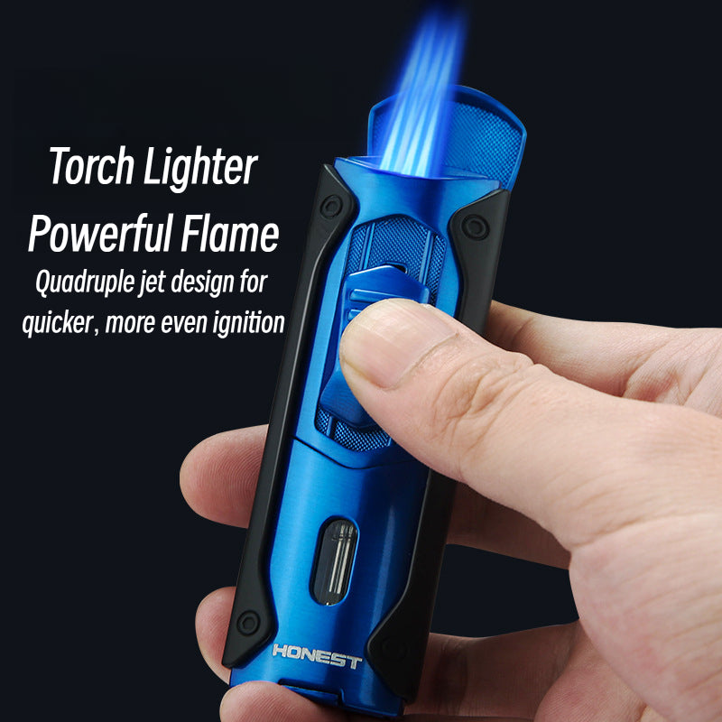 Honest Custom Multi-Function Quad Jet Blue Flame Refillable Lighter with Metal Body and Viewing Window Wholesale Gifts
