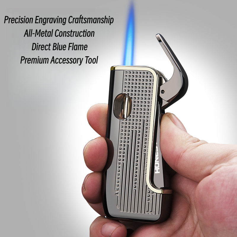 Honest New Model Focused on Single Flame Turbo Lighter – Stylish Blue Flame Electronic Push-Button Open Lid Side Ignition Refillable Lighter