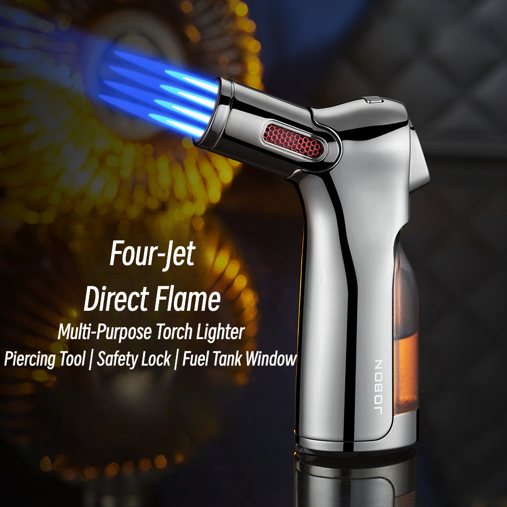 Quad Jet Flame Torch Lighter Windproof Refillable Butane Lighter with Safety Lock for Outdoor BBQ, Camping, Kitchen Ignition & Multi-Purpose Use