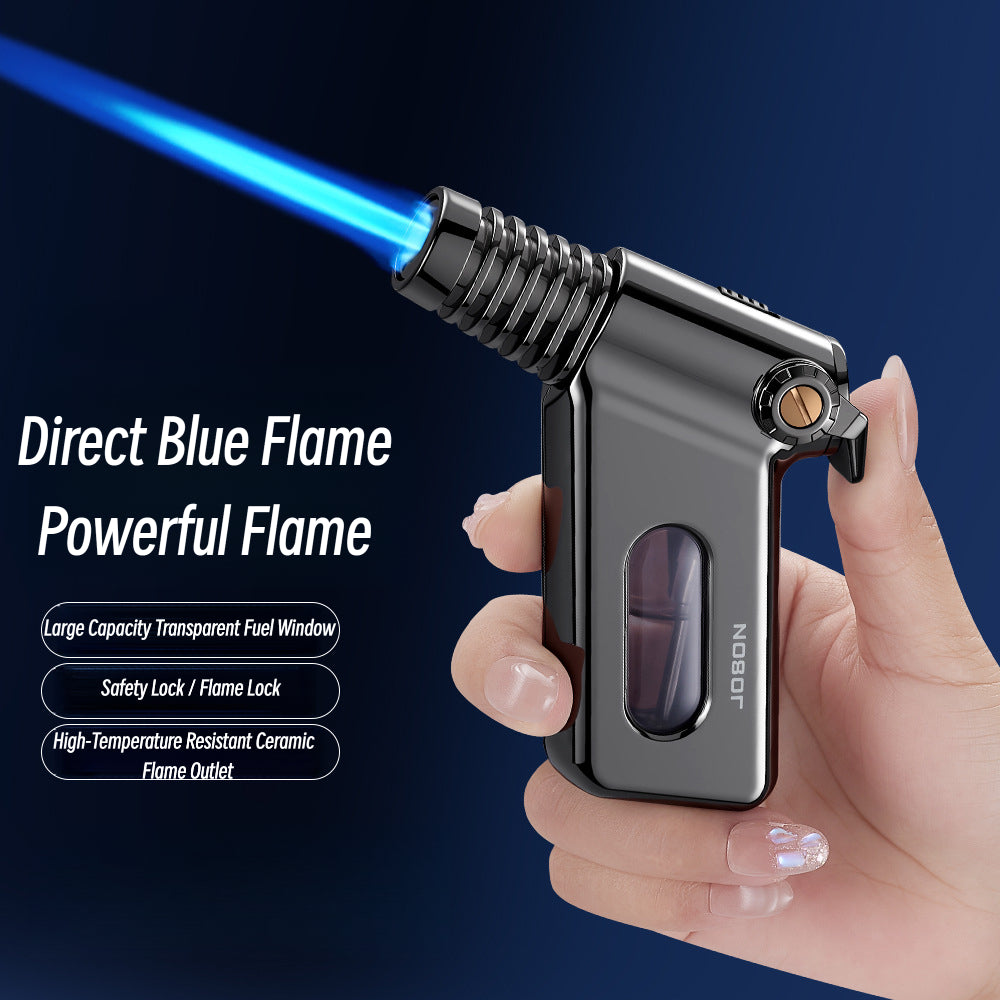 Mini Torch Lighter with Transparent Fuel Window – Creative Blue Flame Butane Lighter with Safety Lock, Refillable Portable Design for Outdoor & Precision Use