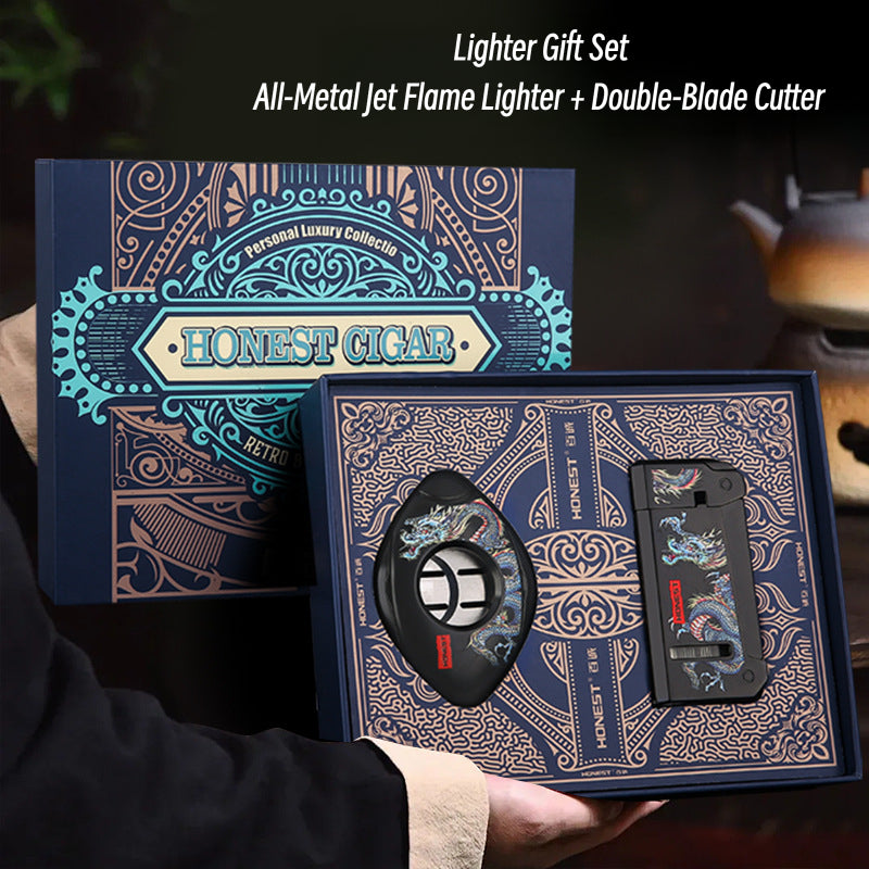 Honest Premium Metal Butane Lighter & V-Shaped Cutter Set - Engraved Gift Box for Business Gifts & Special Occasions