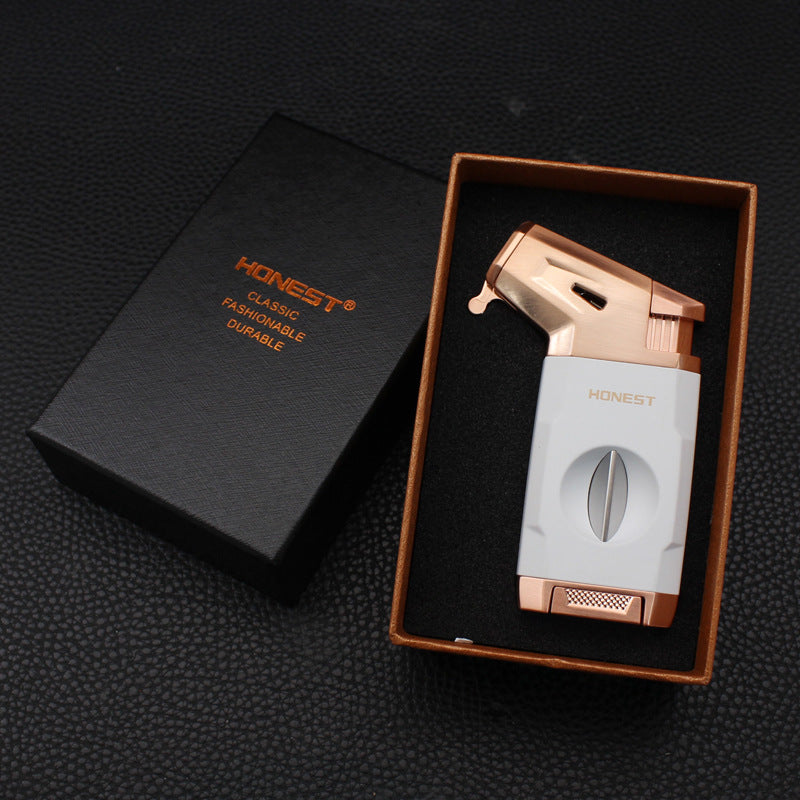 Honest Torch Lighter with V Cutter,Refillable Windproof Adjustable Jet Flame with Fuel Window Butane Torch Lighter,Gifts for Men (Butane not Include)