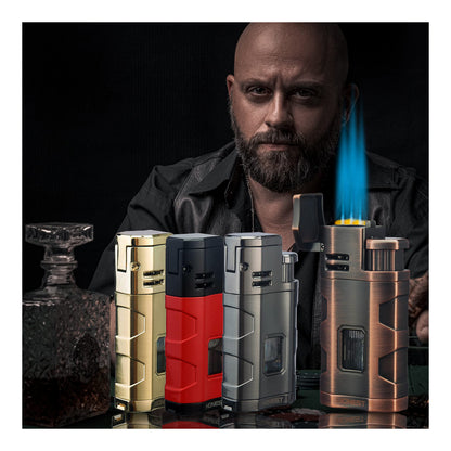 Triple Jet Flame Butane Torch Lighter with Punch and Rest Holder - Refillable Windproof Lighter (Butane Not Included)