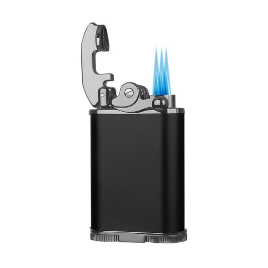Honest  Retro Triple Flame Butane Lighter, Refillable, Windproof, Adjustable Flame, Built-in Cutter, Detachable Poker