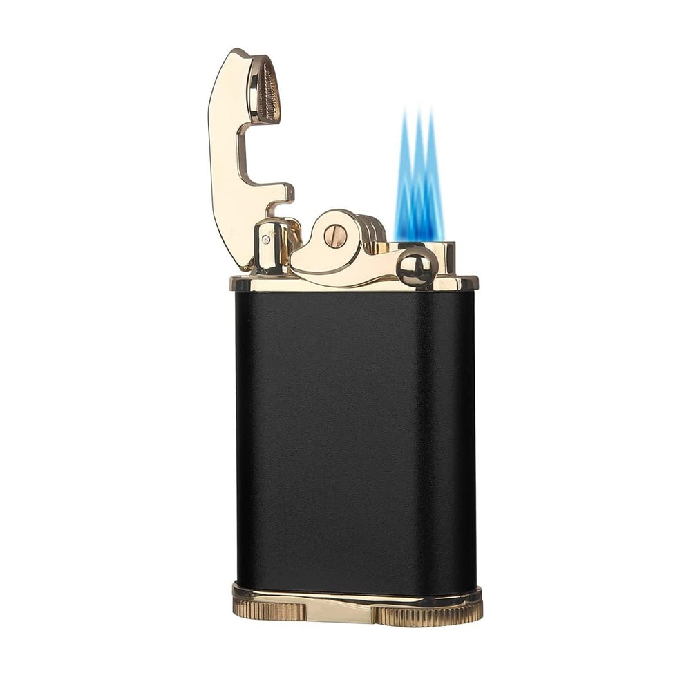 Honest  Retro Triple Flame Butane Lighter, Refillable, Windproof, Adjustable Flame, Built-in Cutter, Detachable Poker