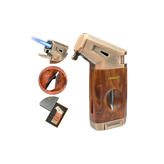 Honest Torch Lighter with V Cutter,Refillable Windproof Adjustable Jet Flame with Fuel Window Butane Torch Lighter,Gifts for Men (Butane not Include)