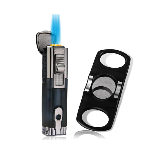 HONEST Cigar Lighter and Cutter Gift Set – Windproof Triple Jet Flame Butane Refillable Lighter with Built-in Cigar Punch