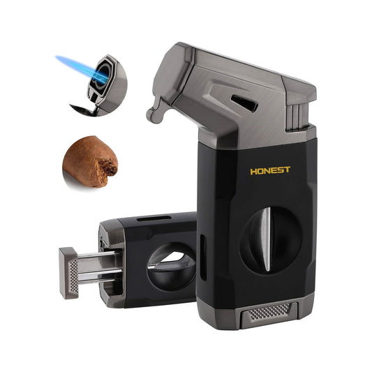 HONEST Refillable Torch Cigar Lighter – Windproof Jet Flame with Built-in V Cigar Cutter, Perfect Gift Box for Christmas, All-in-One Lighter for Smoking and Cigars