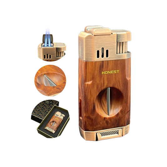 Honest All-in-One Windproof Outdoor Lighter with Dual Jet Flame Built-in Cutter, Butane Refillable and Flames Adjustable, Visible Gas Tank, Portable for Travel, Candle Lovers, Box Included