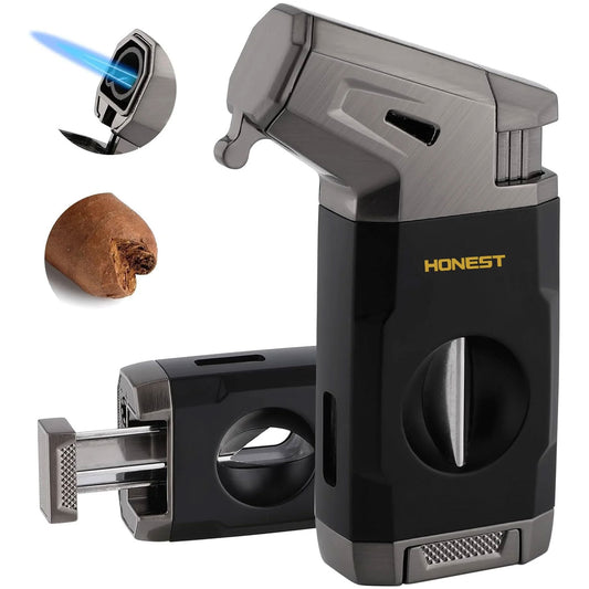 HONEST Refillable Torch Cigar Lighter – Windproof Jet Flame with Built-in V Cigar Cutter, Perfect Gift Box for Christmas, All-in-One Lighter for Smoking and Cigars