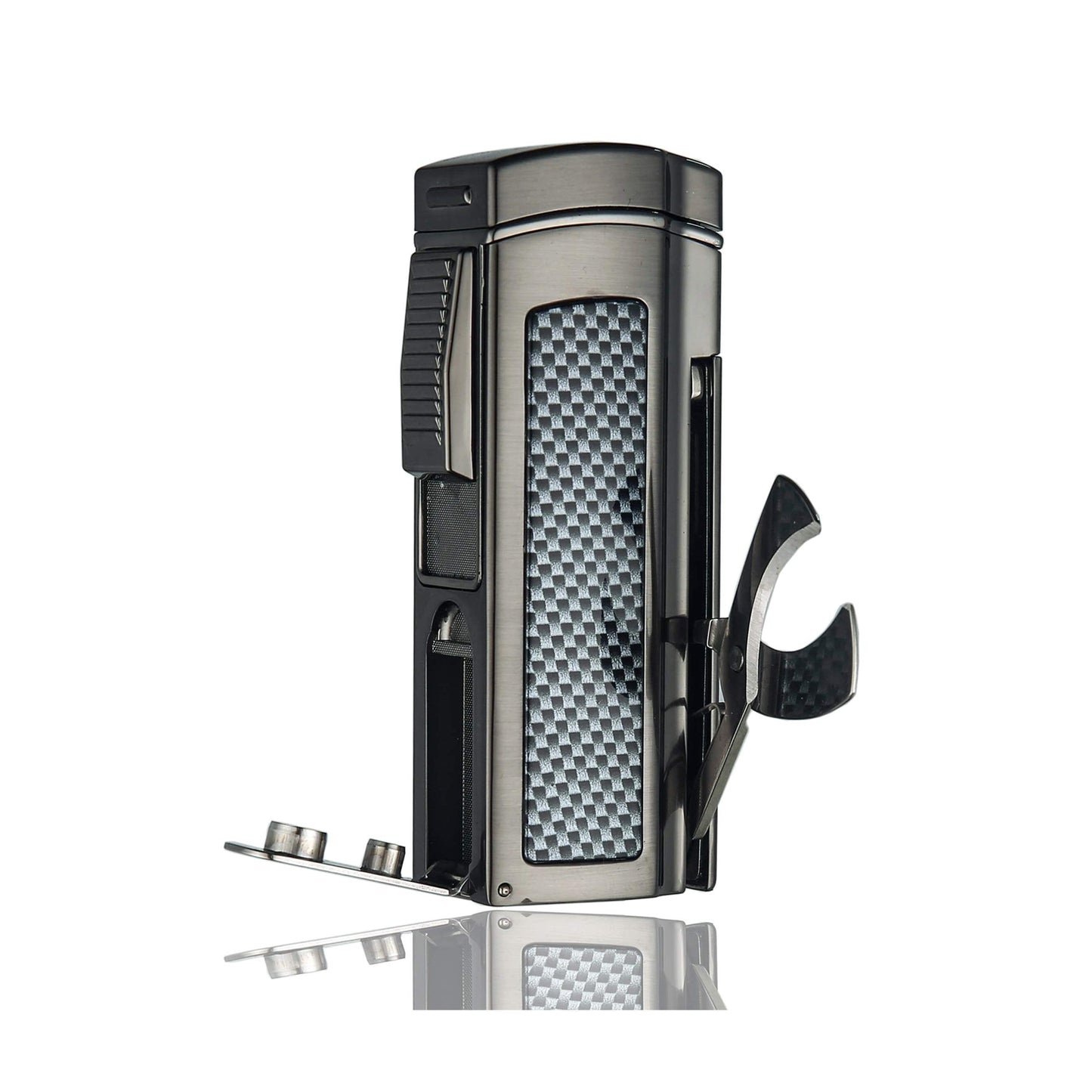 Large Table Lighter – Windproof Metal Torch with 4 Jet Red Flame, Refillable Butane,Punch and Cutter Included