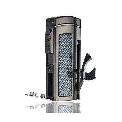 Large Table Lighter – Windproof Metal Torch with 4 Jet Red Flame, Refillable Butane,Punch and Cutter Included