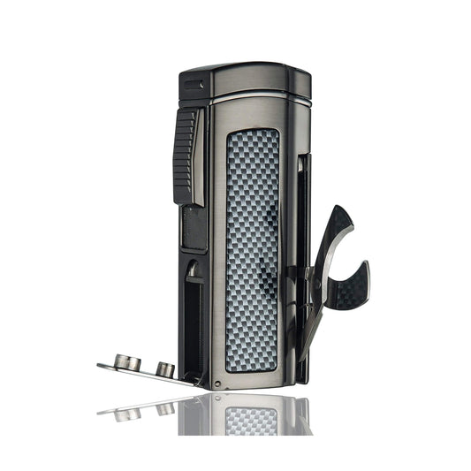 Large Table Lighter – Windproof Metal Torch with 4 Jet Red Flame, Refillable Butane,Punch and Cutter Included