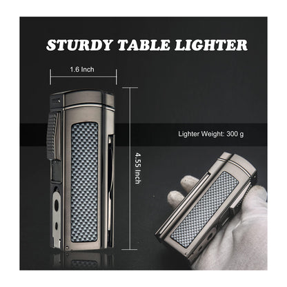 Large Table Lighter – Windproof Metal Torch with 4 Jet Red Flame, Refillable Butane,Punch and Cutter Included