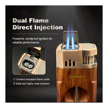 Honest All-in-One Windproof Outdoor Lighter with Dual Jet Flame Built-in Cutter, Butane Refillable and Flames Adjustable, Visible Gas Tank, Portable for Travel, Candle Lovers, Box Included