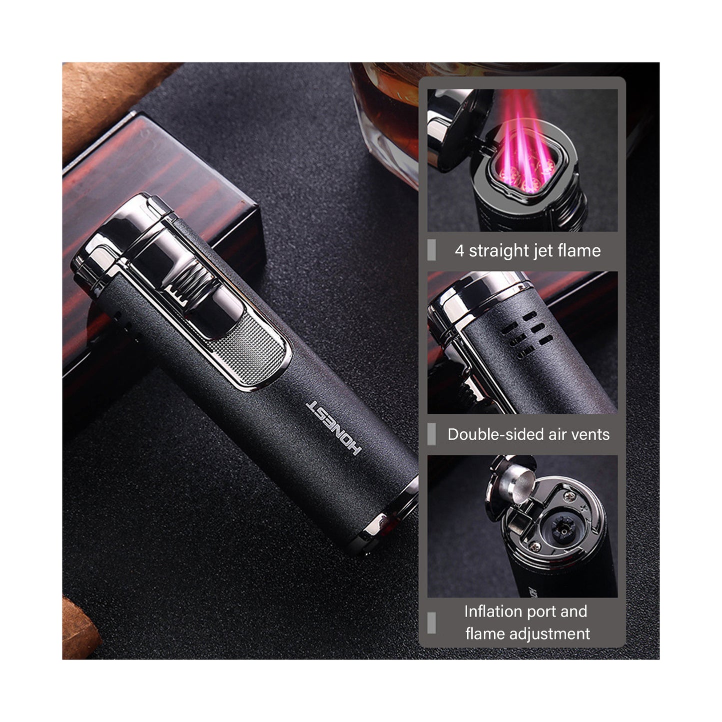 Honest Torch Lighter, 4 Jet Flame Lighter with Punch,Refillable Butane Windproof Lighter Gift for Men (Without Gas)