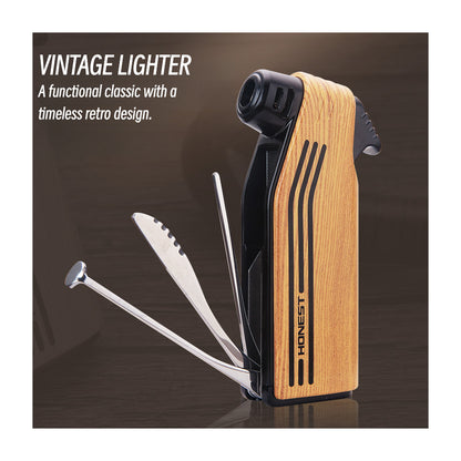 Honest Retro Angled Flame Refillable Butane Lighter with Integrated Cutter Tamper Scraper Tool