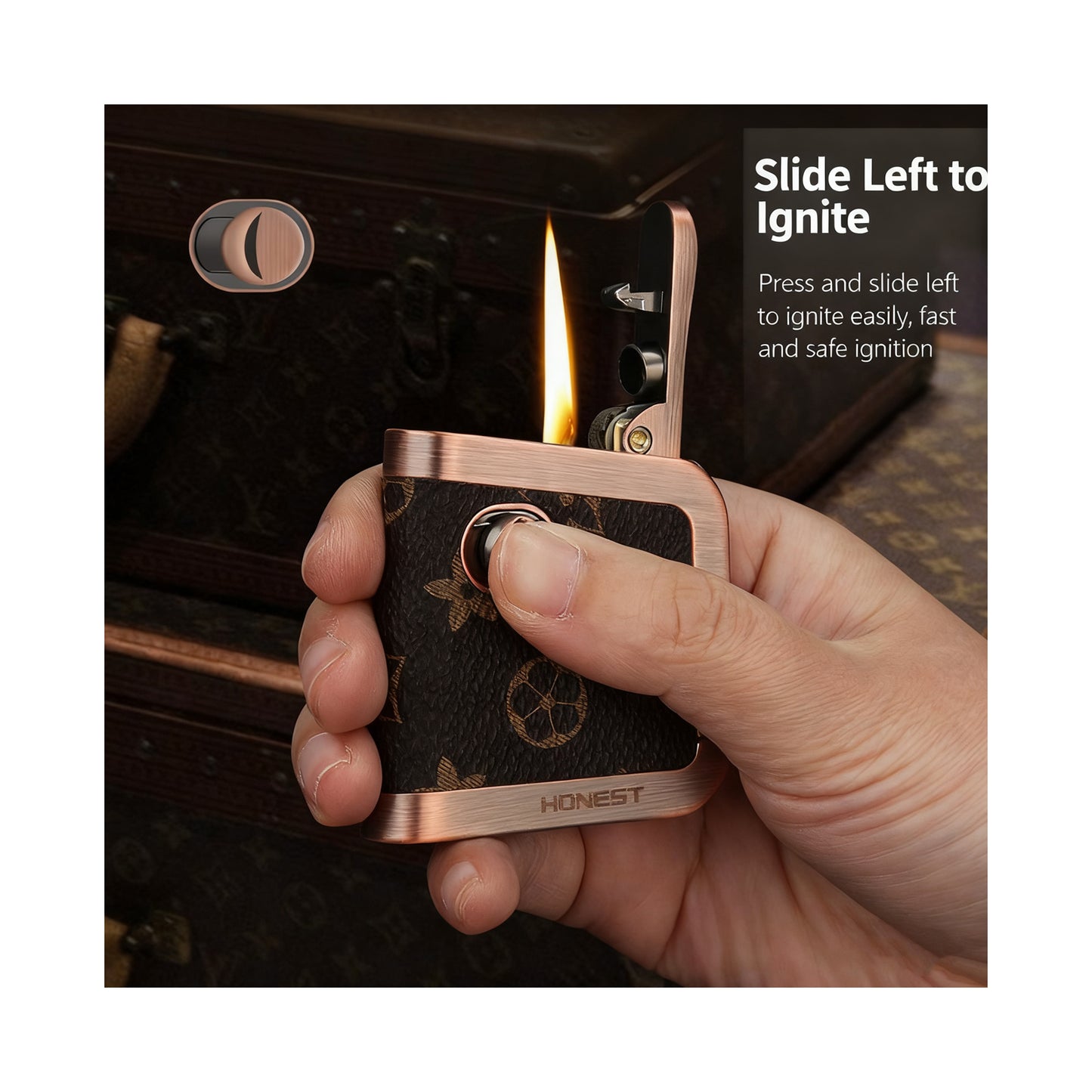 Honest Leather Metal One Piece Cast Vintage Retro Kerosene Lighter Refillable Fuel Push Ignition Design Windproof Trench