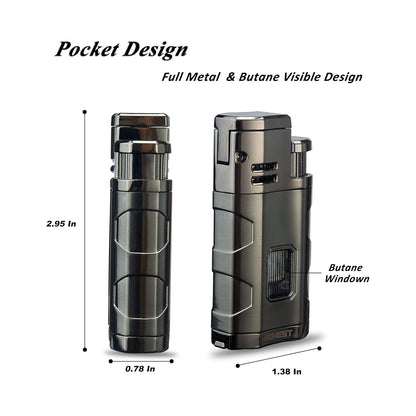 Triple Jet Flame Butane Torch Lighter with Punch and Rest Holder - Refillable Windproof Lighter (Butane Not Included)