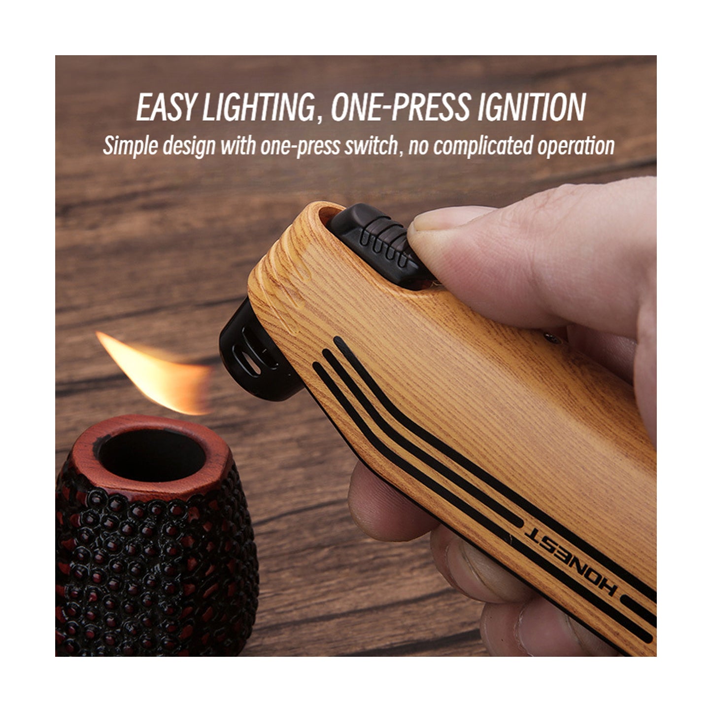 Honest Retro Angled Flame Refillable Butane Lighter with Integrated Cutter Tamper Scraper Tool