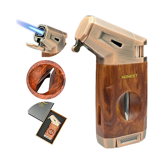 Honest Torch Lighter with V Cutter,Refillable Windproof Adjustable Jet Flame with Fuel Window Butane Torch Lighter,Gifts for Men (Butane not Include)