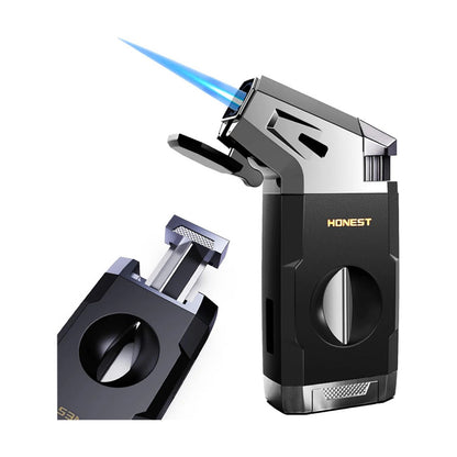 Honest Torch Lighter with V Cutter,Refillable Windproof Adjustable Jet Flame with Fuel Window Butane Torch Lighter,Gifts for Men (Butane not Include)