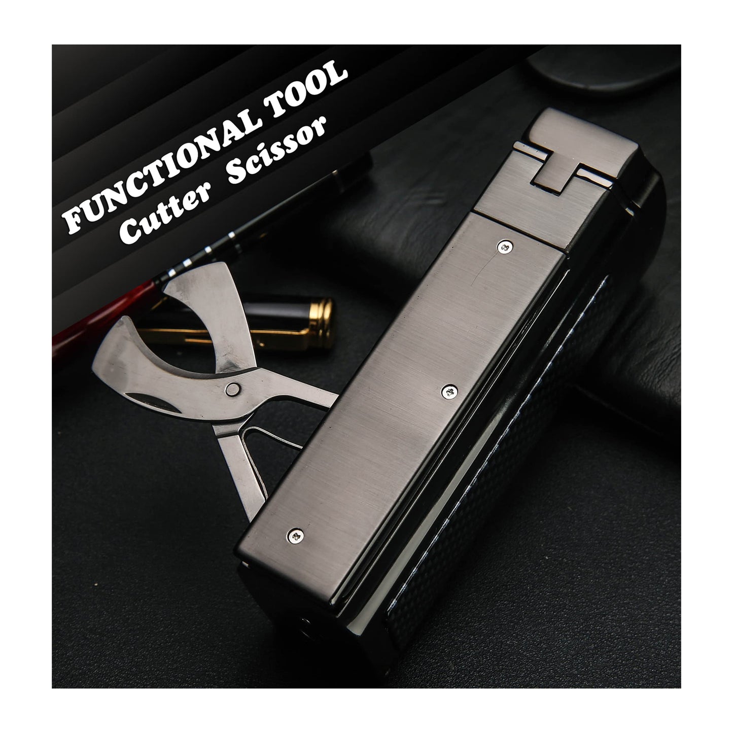 Large Table Lighter – Windproof Metal Torch with 4 Jet Red Flame, Refillable Butane,Punch and Cutter Included